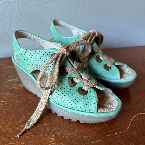 FLY LONDON Ylfa mint green lace up wedge sandals EU 36 / US 5.5-6 - Picture 5 of 9